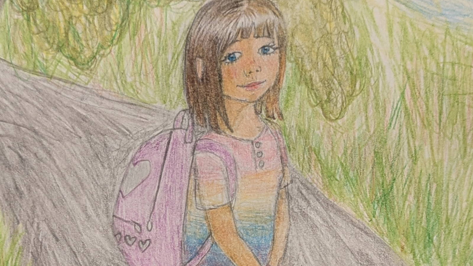 Hand-drawn sketch of a girl walking on a path